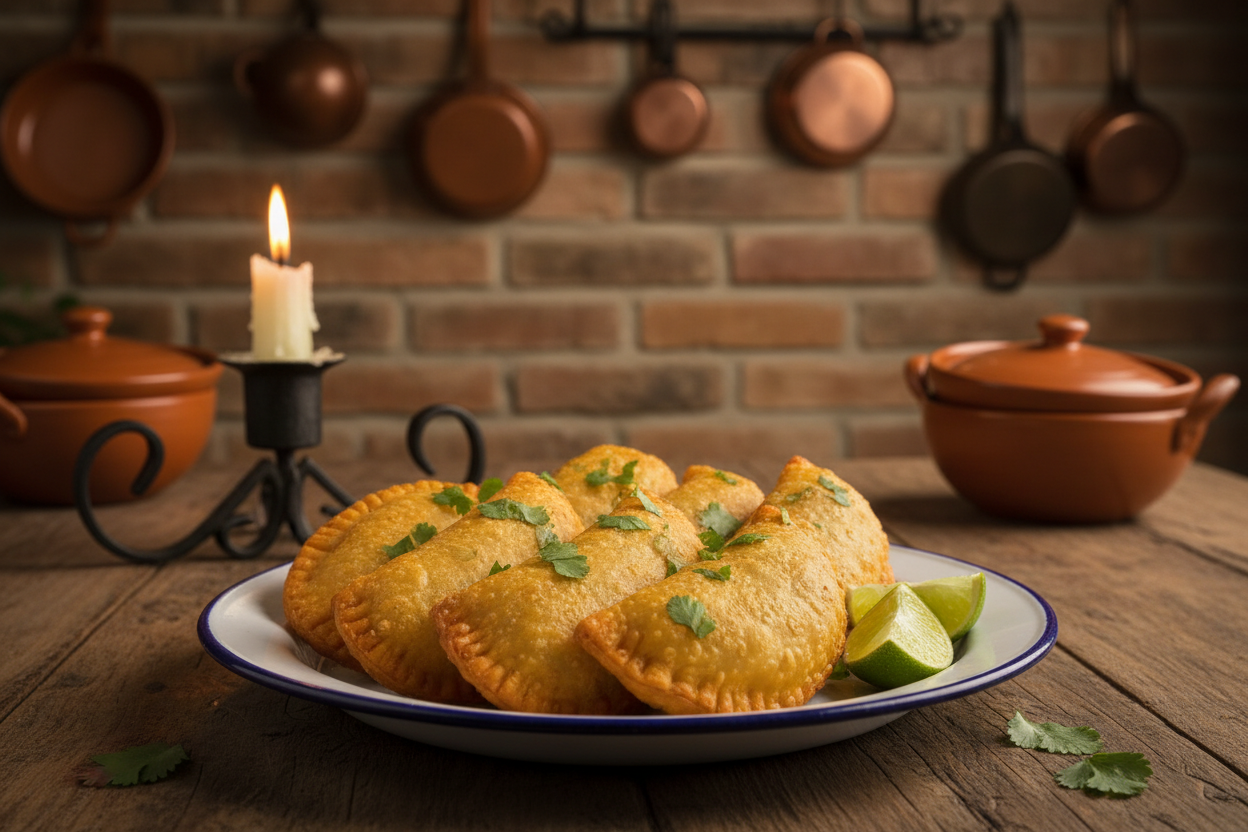 Six golden crispy Colombian corn beef empanadas on a rustic plate with ají sauce and lime